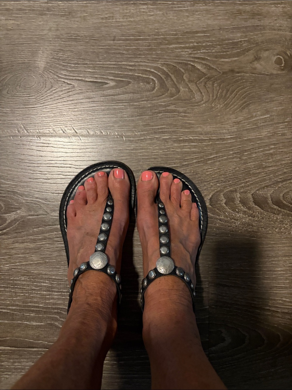 Bernardo Black Studded T-Strap Sandals with Silver Conchos